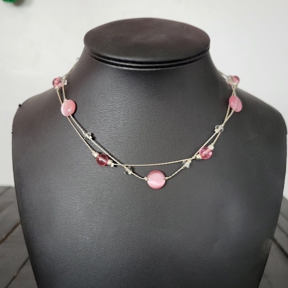 NY Collection Layered Necklace Silver Chain Pink Tigers Eye Beads